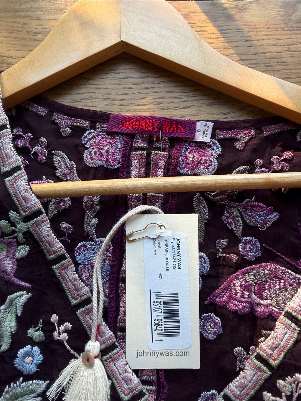 Johnny Was Plum Embroidered Floral V-Neck Tunic with Pink & Mint Accents - Picture 2 of 3